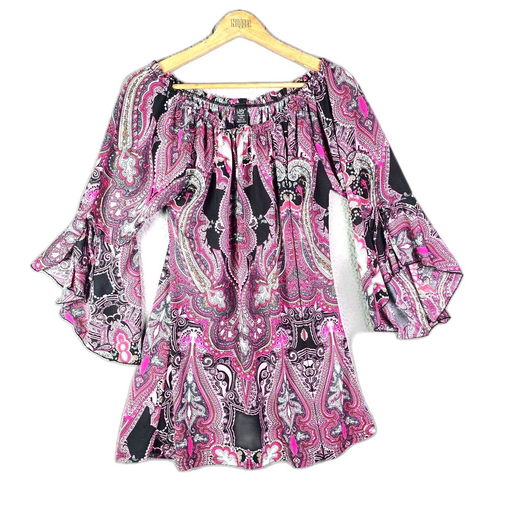 Lildy Boho Paisley Tie Sleeve Tunic Pink Black L XL Elastic Neckline